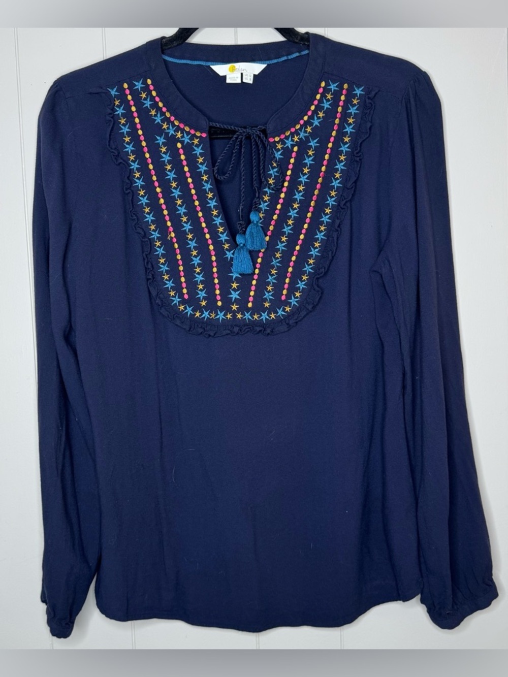 Boden Polly Embroidered Navy Star Tassel Tie Long Sleeve Tunic Womens Size 8